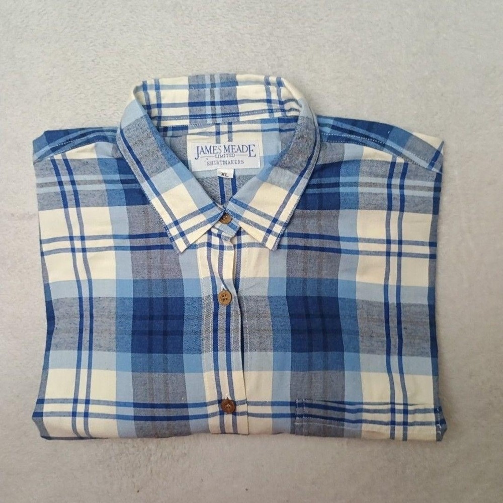 James Meade Shirt Womens XL Blue Plaid Button-Up Cotton Flannel Long Sleeve